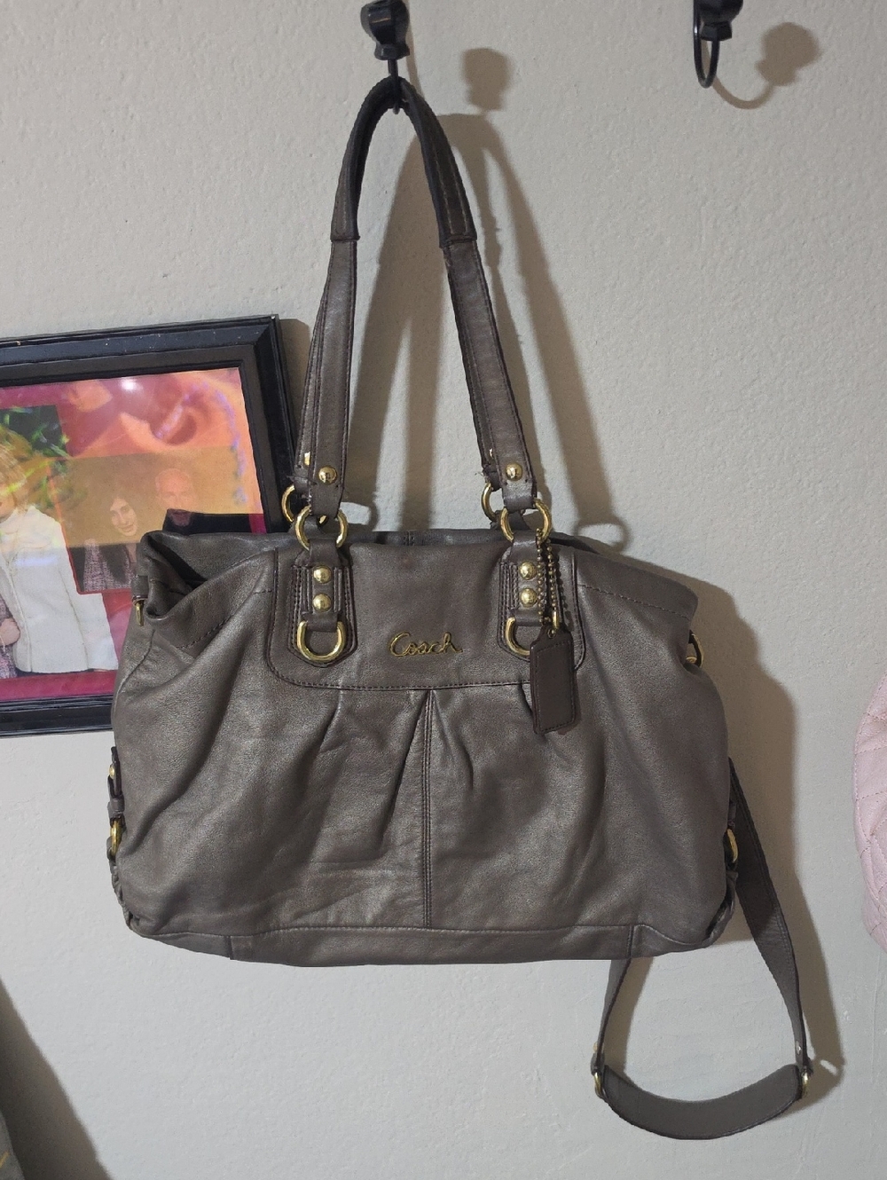 Coach Leather Shoulder Bag in Taupe Gray with Gold Hardware
